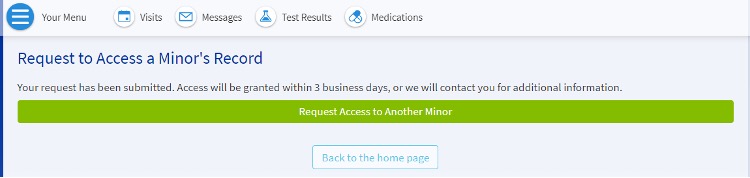 Screenshot of MyChart portal confirmation message indicating that the proxy access request form has been submitted.