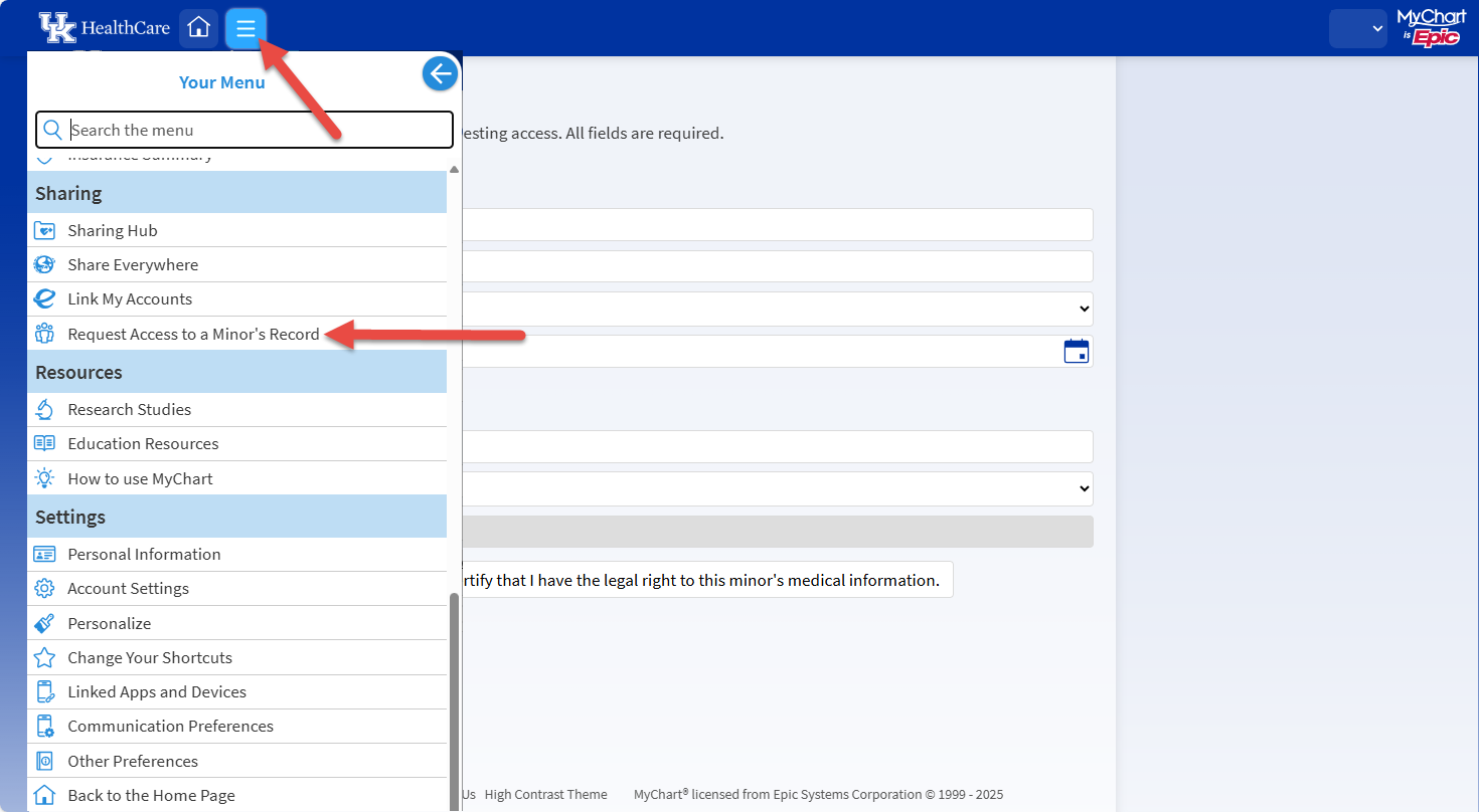 Screenshot of MyChart portal page with red arrows pointing to the menu icon and to "Request Access to a Minor's Record"