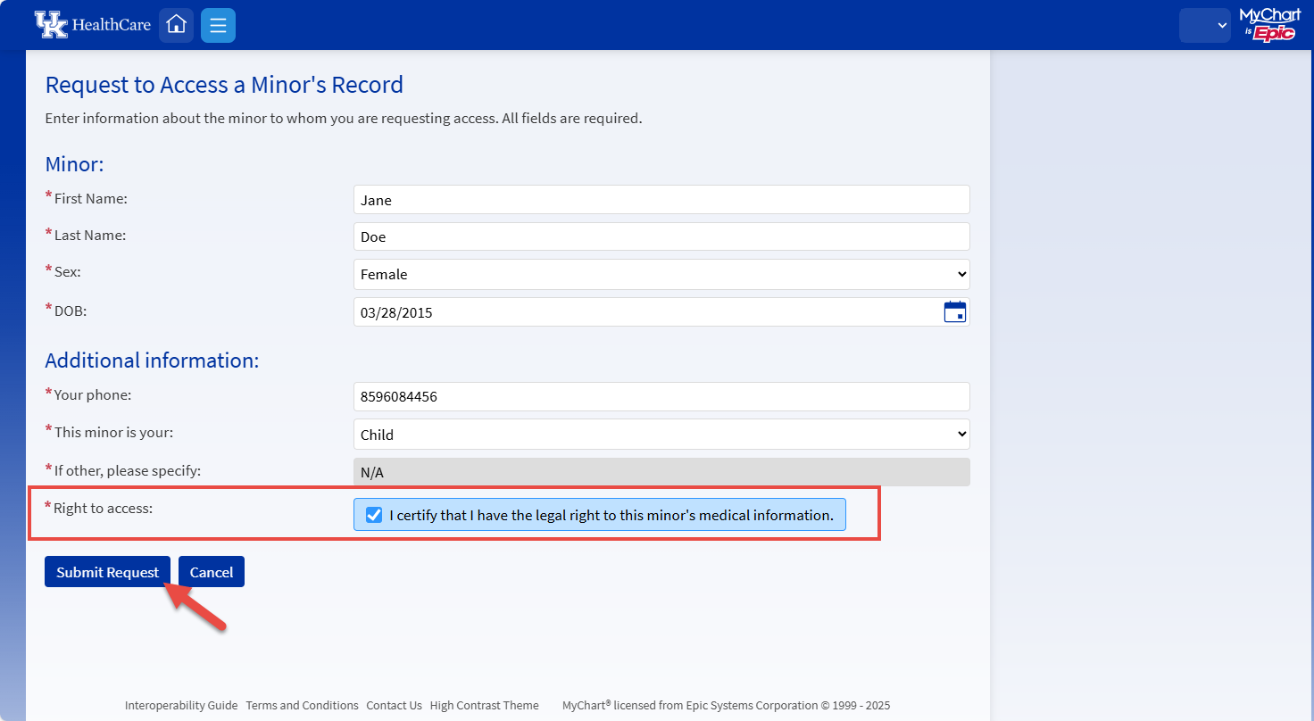 Screenshot of MyChart portal page with red frame around "Right to access" statement and checkbox and a red arrow pointing to the form submission button.