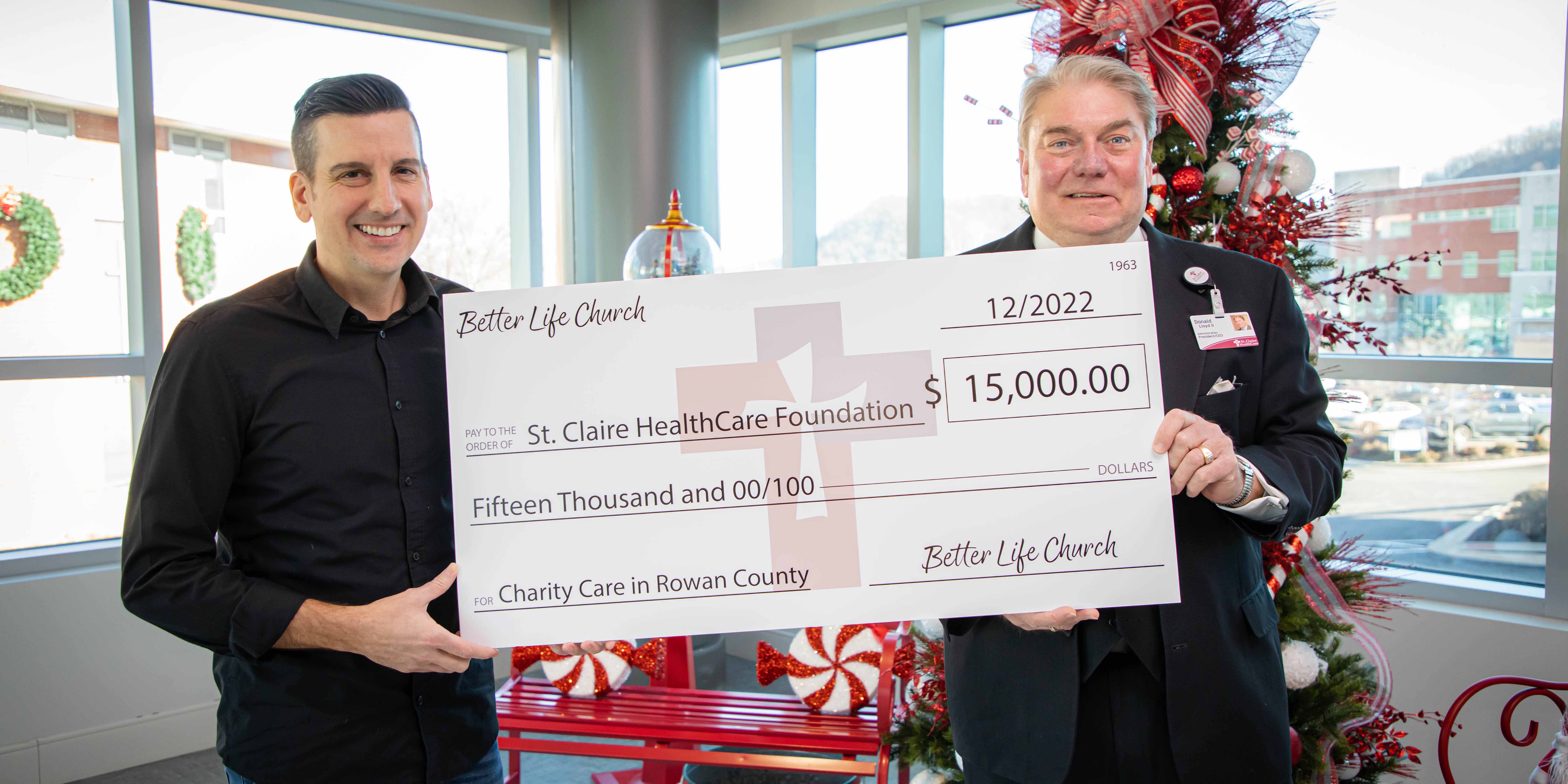 St. Claire HealthCare Foundation Receives $15,000 from Better Life Church for Charity Care Fund
